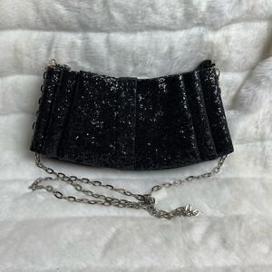 Ted Baker black glitter Bow evening bag satin back removable chain strap.